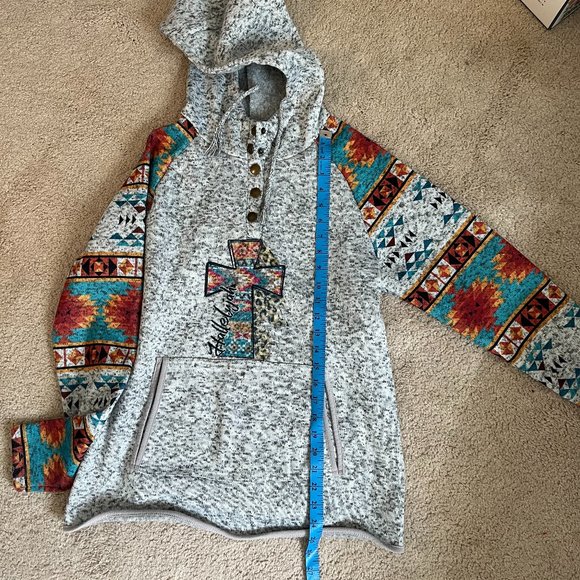 Gray & Aztec Print *Hallelujah* Hoodie | Heather Gray | Kangaroo Pocket | Size L - Picture 2 of 11